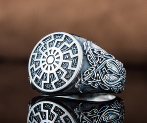 Black Sun Symbol Ring with Viking Style Ornament Sterling Silver Jewelry