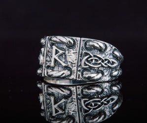 925 Silver Ring with Raido rune and celtic ornament, unique handmade jewelry