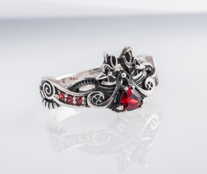 Unique 925 Silver ring with Wolves and Red Gems, handmade Viking jewelry