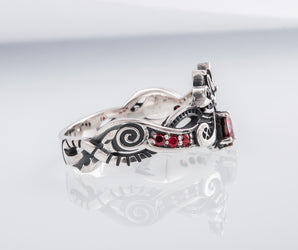Unique 925 Silver ring with Wolves and Red Gems, handmade Viking jewelry