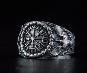 Vegvisir Symbol with Raven Style Sterling Silver Norse Ring