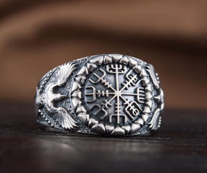 Vegvisir Symbol with Raven Style Sterling Silver Norse Ring