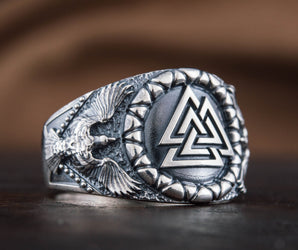 Valknut Symbol with Raven Style Sterling Silver Norse Ring