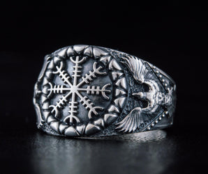 Helm of Awe Symbol with Raven Style Sterling Silver Norse Ring