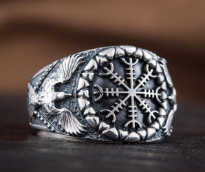 Helm of Awe Symbol with Raven Style Sterling Silver Norse Ring