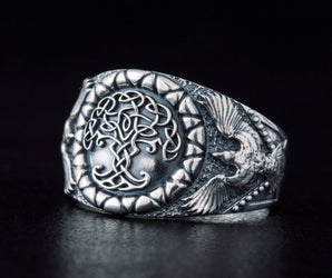 Yggdrasil Symbol with Raven Style Sterling Silver Norse Ring