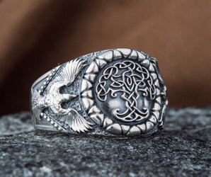 Yggdrasil Symbol with Raven Style Sterling Silver Norse Ring