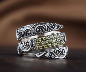 Snake Style Ring with Ornament and Gems Sterling Silver Handmade Jewelry