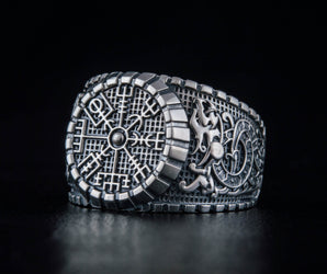 Vegvisir Symbol Ring with Viking Style Ornament Sterling Silver Jewelry