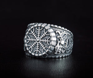 Helm of Awe Symbol Ring with Viking Style Ornament Sterling Silver Jewelry