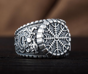 Helm of Awe Symbol Ring with Viking Style Ornament Sterling Silver Jewelry
