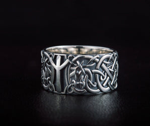 Norse Ornament Ring with Algiz Rune Sterling Silver Jewelry