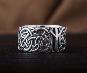 Norse Ornament Ring with Algiz Rune Sterling Silver Jewelry