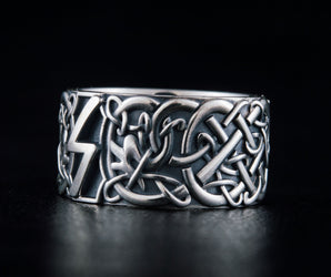 Ring with Sowelu Rune and Scandinavian Ornament Sterling Silver Viking Jewelry