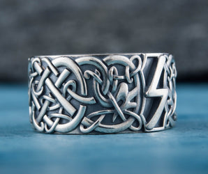 Ring with Sowelu Rune and Scandinavian Ornament Sterling Silver Viking Jewelry