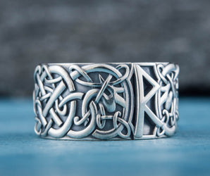 Ring with Raido Rune and Scandinavian Ornament Sterling Silver Viking Jewelry