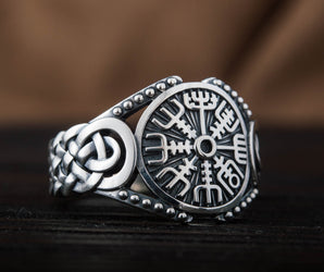 Vegvisir Symbol with Viking Ornament Sterling Silver Handmade Jewelry