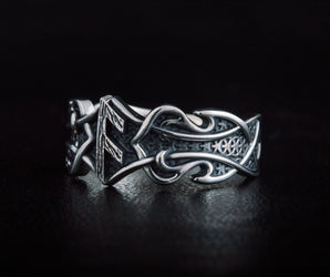 Ring with Ansuz Rune and Norse Ornament Sterling Silver Viking Jewelry