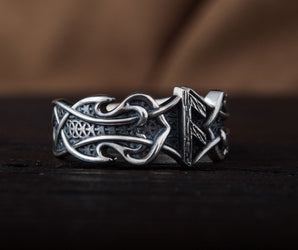 Ring with Ansuz Rune and Norse Ornament Sterling Silver Viking Jewelry