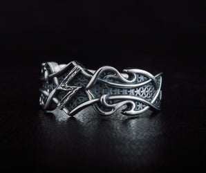 Ring with Sowelu Rune and Norse Ornament Sterling Silver Viking Jewelry
