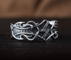 Ring with Sowelu Rune and Norse Ornament Sterling Silver Viking Jewelry