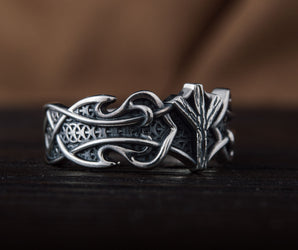 Ring with Algiz Rune and Norse Ornament Sterling Silver Viking Jewelry