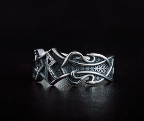 Ring with Raido Rune and Norse Ornament Sterling Silver Viking Jewelry