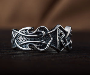 Ring with Raido Rune and Norse Ornament Sterling Silver Viking Jewelry