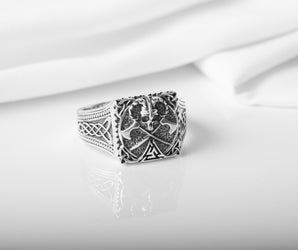 Unique Ring with Skull of Warrior, Axes, Valknut and celtic knots, 925 silver handmade Jewelry