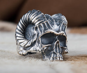 Skull with Horns Ring Sterling Silver Handmade Biker Jewelry