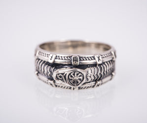 Unique 925 silver ring with Snake, Black Sun and Runes, Handcrafted Jewelry