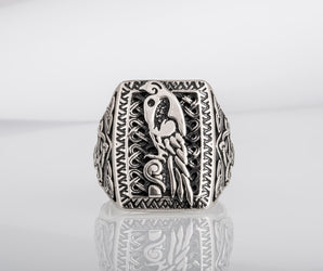 Unique Viking Ornament Ring with Odin's Ravens Huginn and Muninn, made of Sterling silver, Norse Jewelry