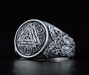 Valknut Symbol Ring with Viking Style Ornament Sterling Silver Jewelry