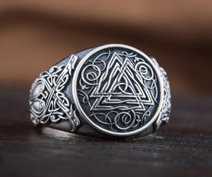 Valknut Symbol Ring with Viking Style Ornament Sterling Silver Jewelry