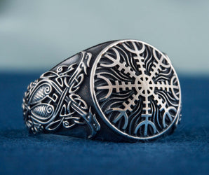 Helm of Awe Symbol with Norse Ornament Sterling Silver Viking Ring