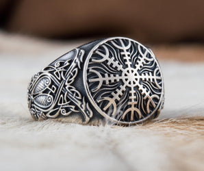 Helm of Awe Symbol with Norse Ornament Sterling Silver Viking Ring