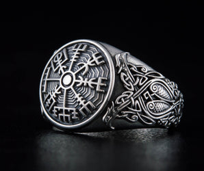 Vegvisir Symbol Ring with Scandinavian Style Ornament Sterling Silver Jewelry