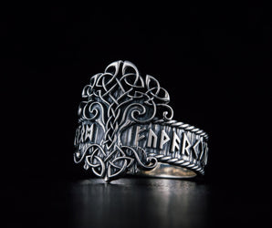 Yggdrasil Symbol Ring with Norse Runes Ornament Sterling Silver Viking Jewelry