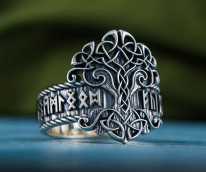 Yggdrasil Symbol Ring with Norse Runes Ornament Sterling Silver Viking Jewelry