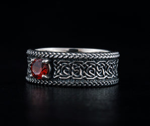 Norse Ornament Ring with CZ Sterling Silver Handmade Viking Jewelry