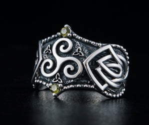Triskelion Symbol with Norse Ornament and CZ, Sterling Silver Viking Ring