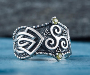 Triskelion Symbol with Norse Ornament and CZ, Sterling Silver Viking Ring
