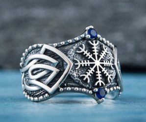 Helm of Awe Symbol with Norse Ornament and CZ Sterling Silver Viking Ring