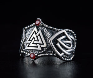 Valknut Symbol with Norse Ornament and CZ Sterling Silver Viking Ring