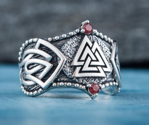 Valknut Symbol with Norse Ornament and CZ Sterling Silver Viking Ring