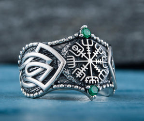 Vegvisir Symbol with Norse Ornament and CZ Sterling Silver Viking Ring