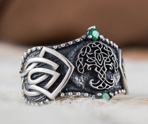 Yggdrasil Symbol with Norse Ornament Sterling Silver Viking Ring