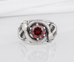 Sterling silver Snakes nest ring with big red gem, unique handcrafted ring