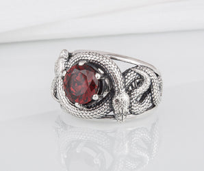 Sterling silver Snakes nest ring with big red gem, unique handcrafted ring