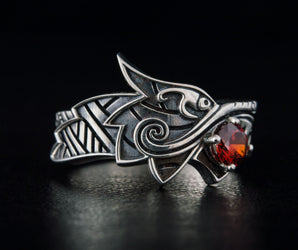 Fenrir Ring with Gem Sterling Silver Unique Norse Jewelry
